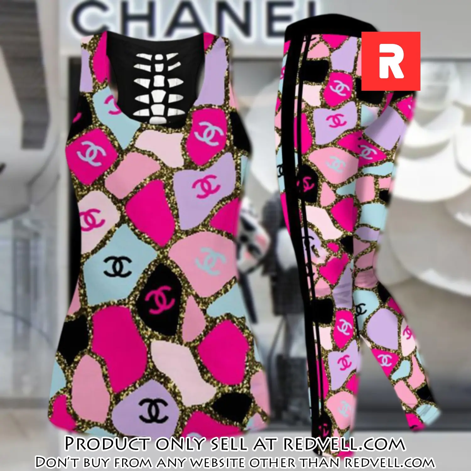 Chanel pink tank top leggings set luxury brand for women yoga gym rv4821889